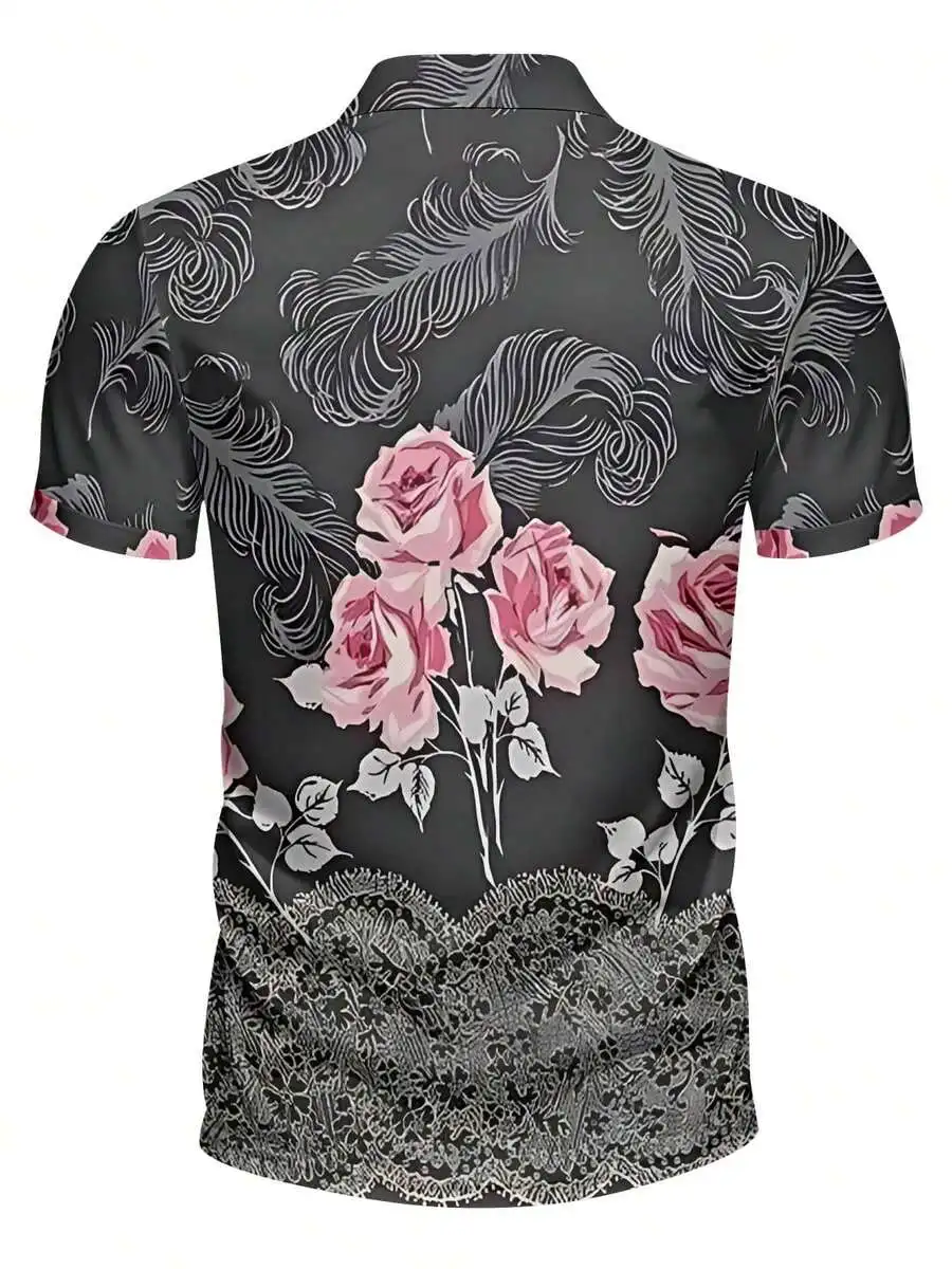 Mens Shirt Gray Base Pink Rose Feather Print Slim Fit Casual Vacation Daily Wear