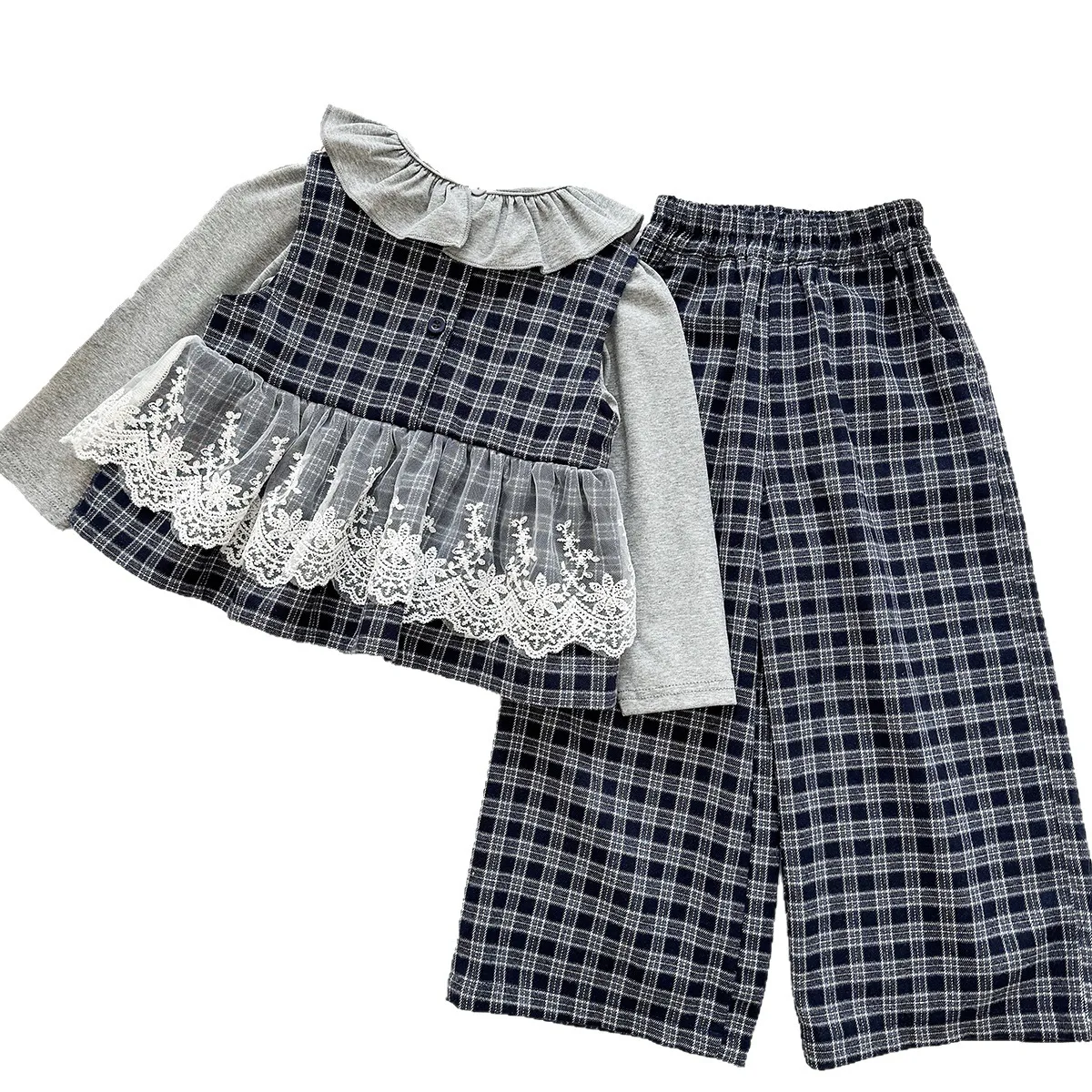 2026 Spring Autumn Girls 3Pcs Outfit, Undershirt + Lace Ruffled Tank Top + Plaid Wide Leg Pants Set  for 90-*150cm