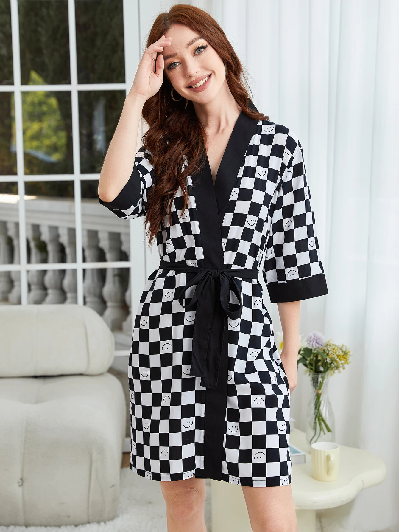 RONGTAI Womens cotton-like Checkerboard Bathrobe Ladies sexy pajamas Oversized Nightgown High end sleepwear Home Wear