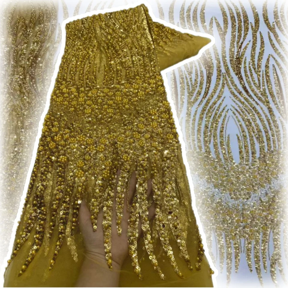 

High-Quality African Beaded Sequins Tulle Lace Fabric Luxury Nigerian Mesh Lace Fabric for Women's Wedding Dress Sewing CC1689