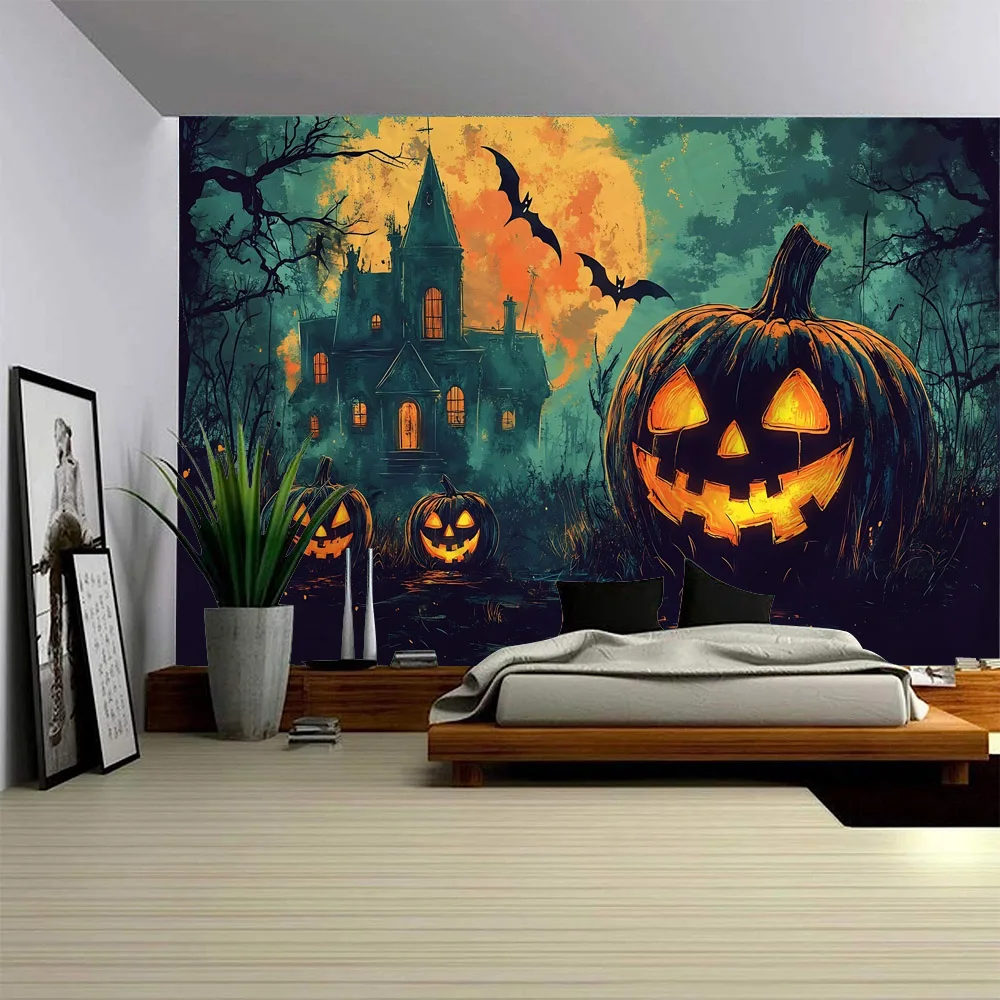 

Halloween Art Decor Tapestry Terrifying Ghost House Pumpkin Lantern Hippie Wizardry Home Party Holiday Wall Decor Blanket