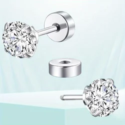 1 Pair Stainless Steel Tragus Stud Earrings for Women Men Round Cubic Zirconia Flat Back Screw Back Ear Piercing 2-8MM Jewelry