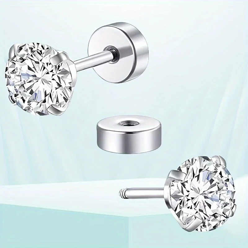 1 Pair Stainless Steel Tragus Stud Earrings for Women Men Round Cubic Zirconia Flat Back Screw Back Ear Piercing 2-8MM Jewelry