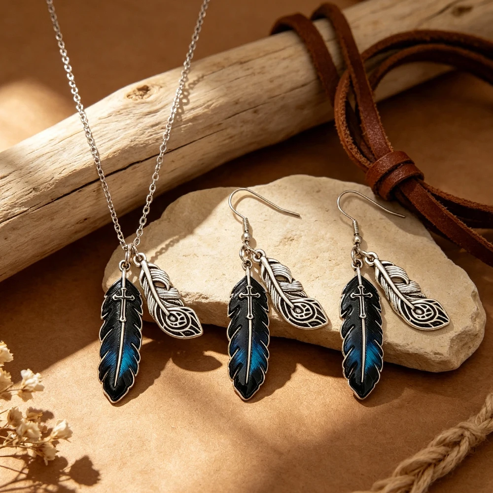 The Set Includes a Necklace + Ear Hooks, a Double Feather Combination Pendant, Blue and Black Gradient Oil-Drip Feathers with Cross Pattern, Paired with Hollow Metal Feathers, with an Antique Silver Finish, a Complete Set of Western Retro-Style Decorative Jewelry