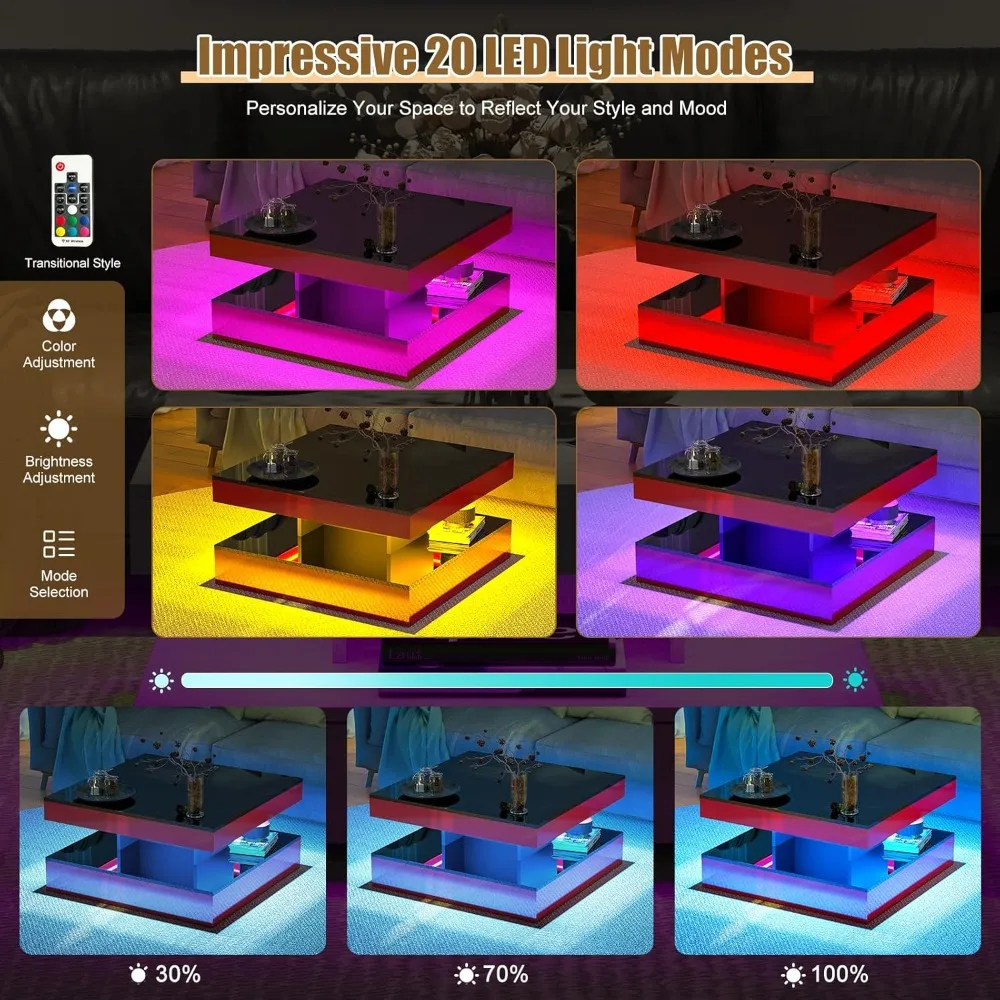 Красный светодиодный журнальный столик для гостиной, стол для гостиной, 2-уровневый квадратный современный глянцевый современный деревянный журнальный столик