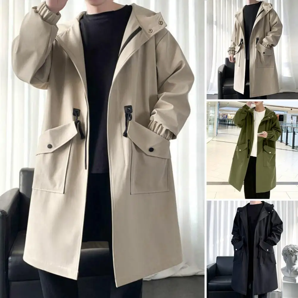 Long Trench Coat Jacket Men Autumn Spring Black Hip Hop Japanese Coats Streetwear Male Hooded Green Khaki Casual Jackets