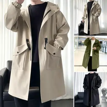 Men's Hooded Japanese Streetwear Trench Coat 2 Long Trench Coat Jacket Men Autumn Spring Black Hip Hop Japanese Coats Streetwear Male Hooded Green Khaki Casual Jackets 2