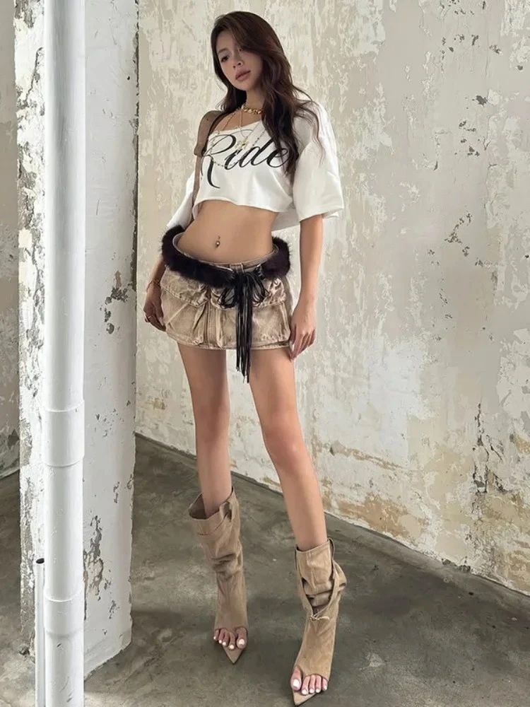 Koszulka z asymetrycznym dekoltem, nadrukiem liter, oversize, krótki rękaw, crop top, damska odzież Y2k, luźny krój, camisetas ropa de mujer