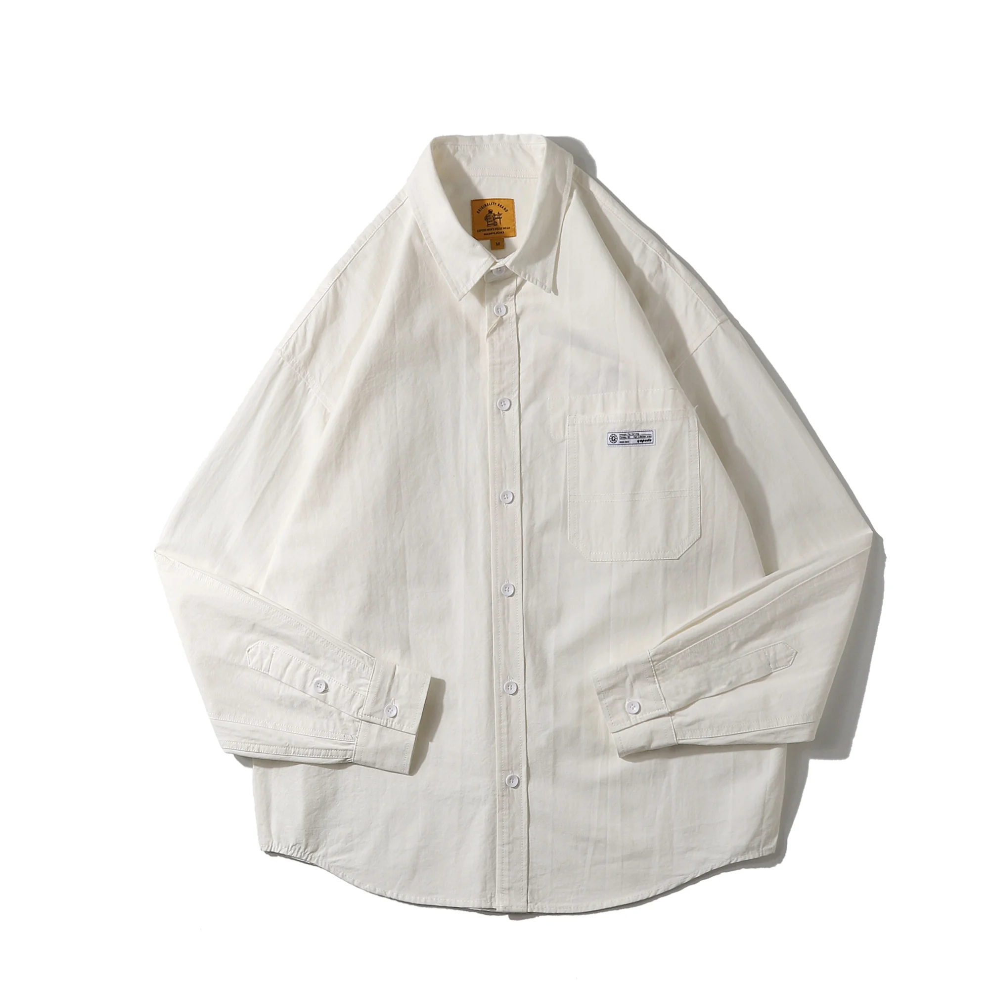 

American Retro ket Label Casual Loose Men's irt Couple Simple Color Leisure Workwear Autumn Long Sve arp Collar