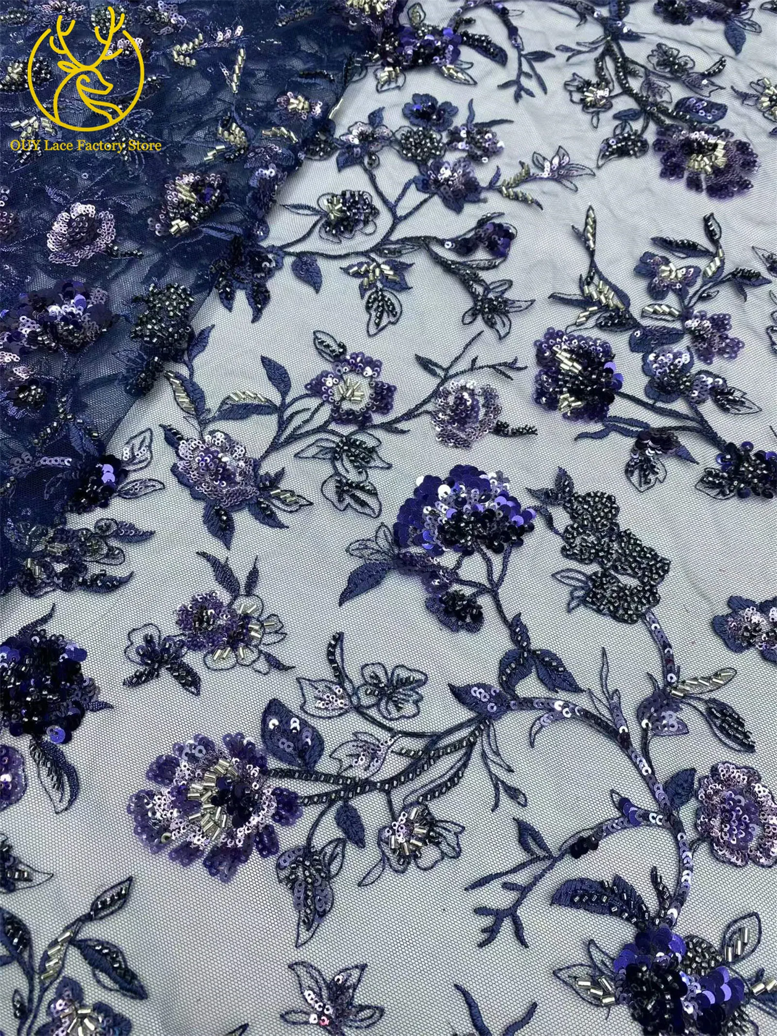 Eleganter afrikanischer Spitzenstoff mit Pailletten und Stickerei, lila, nigerianischer französischer Tüll-Spitzenstoff mit Perlen für Brautkleider und Partykleider zum Nähen – Detail 12