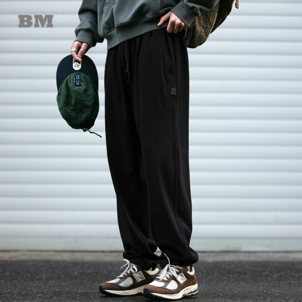 Korean Streetwear Joggers Black Sweatpants Men Loose Fit Straight Leg Sport Casual Solid Color Running Essential Long Pants Male
