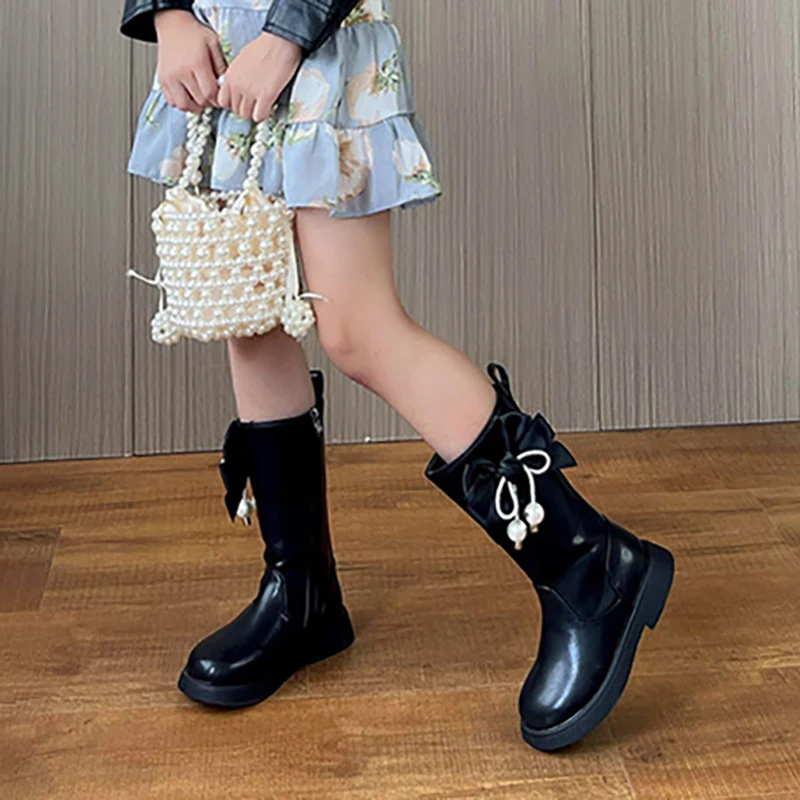 2023 Autumn Winter Girls Versatile Black Bow Tassels Pearls Children Mid-calf Boots for Catwalk Zipper Casual Warm Boots