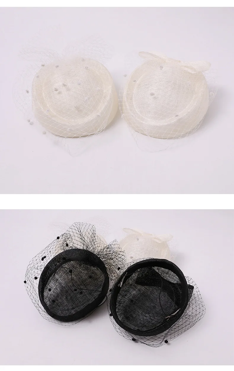 Schicke Elegante Pillbox-Hüte für Damen, Sinamay-Fascinator, Kopfbedeckung für Hochzeit, Kirche, Party, Vintage-Schleier, Netzschleife, Cocktail-Baskenmütze – Detail 5