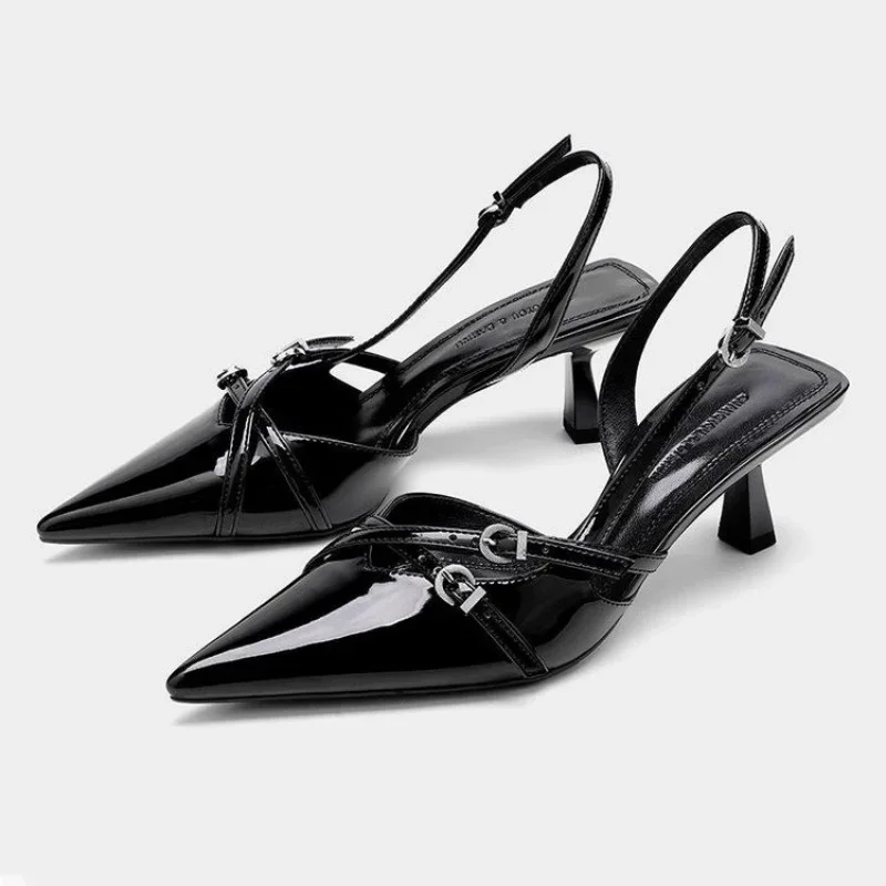 2024 New Summer French Wine Red Pointed Patent Leather Mid-heel Overhead Sandals for Women Retro Skinny Heel Back Empty Shoes