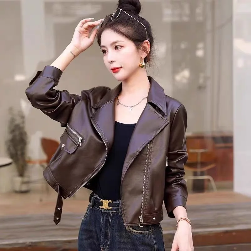 2025 printemps et automne Maillard veste en cuir courte femmes nouveau tempérament de mode petite veste en cuir de moto veste d'hiver
