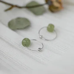 Vintage Temperament Gold Color Green Jade Round 925 Silver Needles Drop Earrings for Female Girl Everyday Wear Gift Jewelry