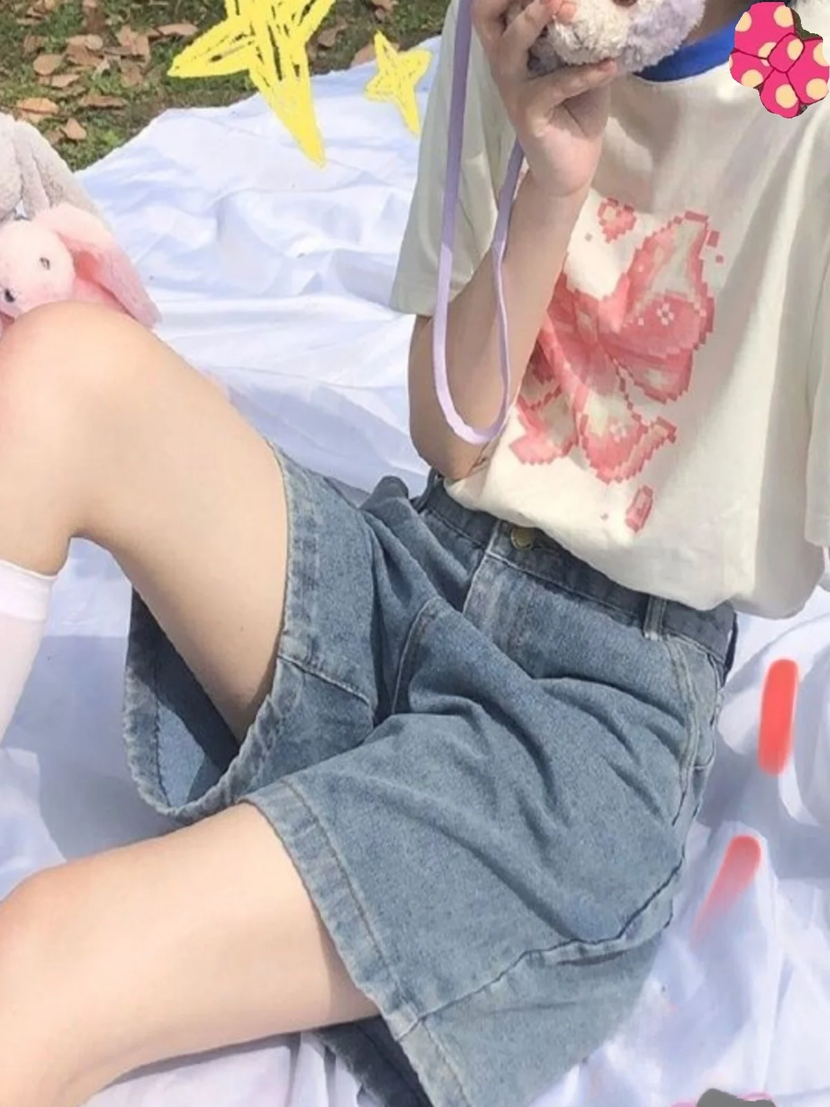 

Fall Korean Style plus Size Denim Shorts Women's Loose Straight Leg Pants Five-Quarter Length Flattering for plus Size Women