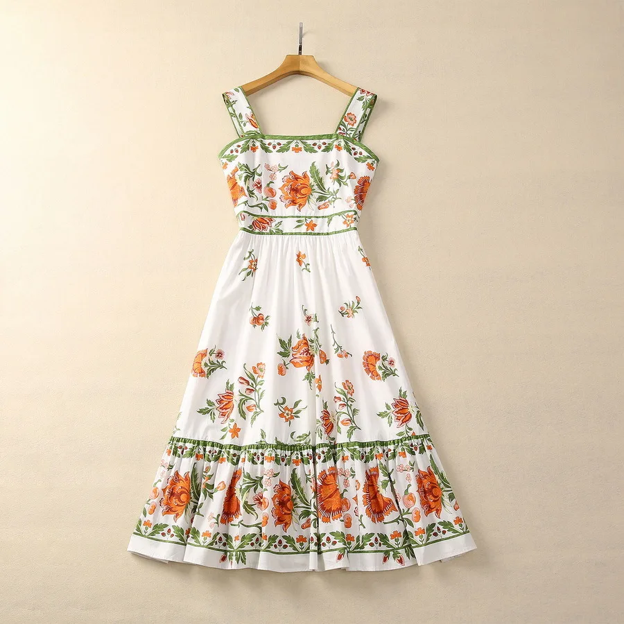 

Europe and the United States women's 2024 winter new suspenders Sleeveless flower print Fashion cotton Fishtail dress