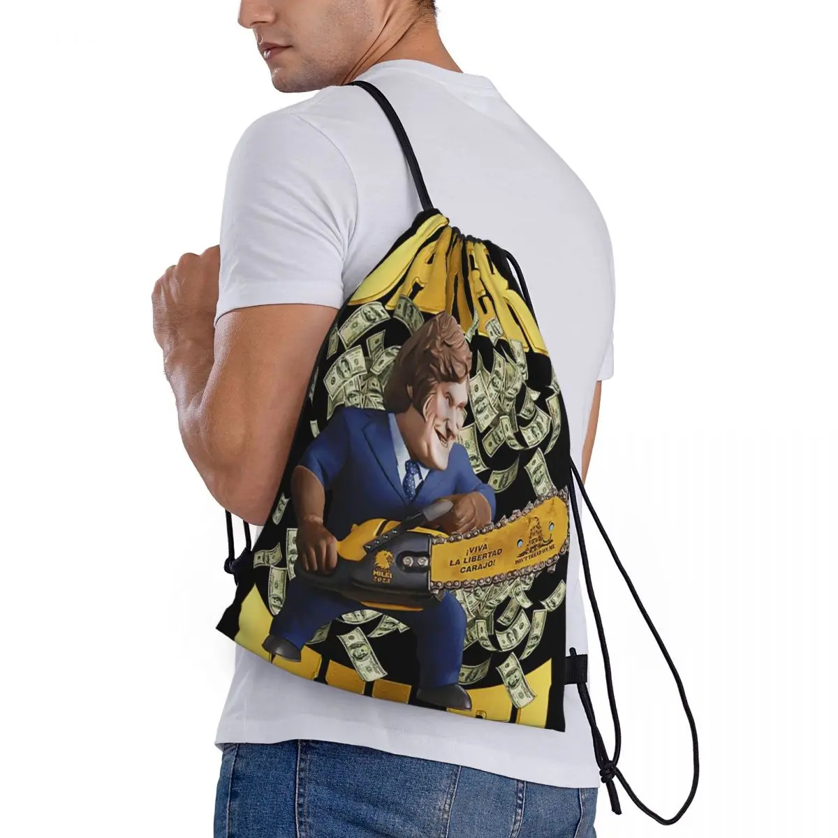 Javier Milei Currency Backpacks Multi-function Drawstring Bundle Pocket Sports Bag Book Bags for Man Woman School