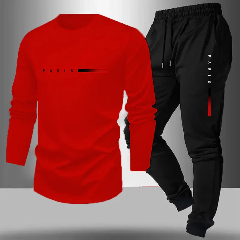 

2026 Spring Men's Tracksuit Sets Long Sleeve Sweatshirt Pants Set Paris Letter Print Round Neck Hoodie Outdoor Sports Pants Set