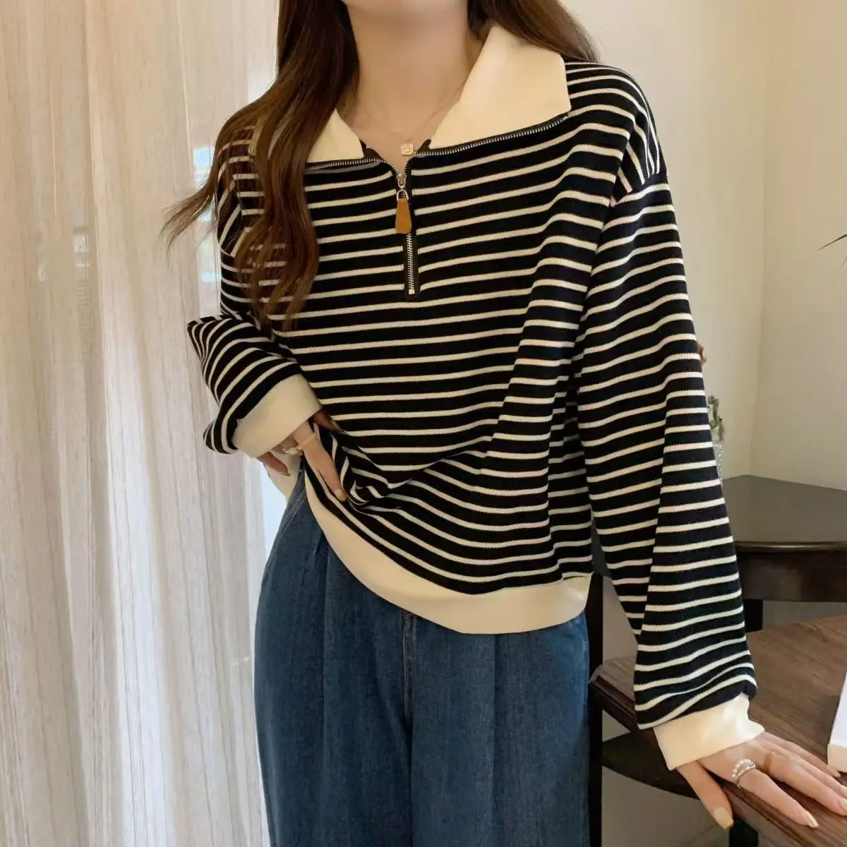 Polo Collar Zip Up Fall Striped Hoodies Women Korean Fashion Long Sleeve Pullover Winter Sexy Y2K Vintage Sweatshirts Woman