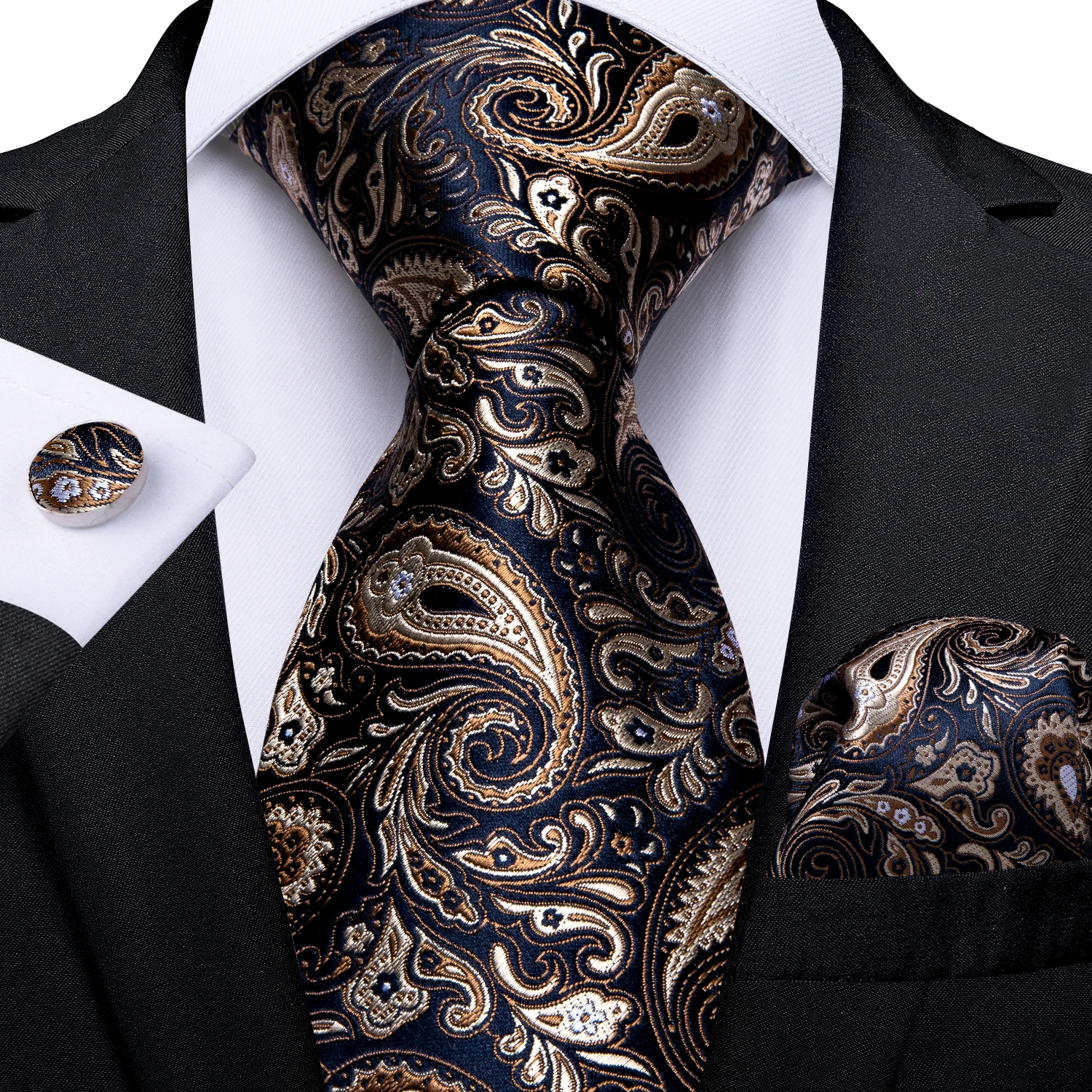 Men Tie Gold Blue Paisley Wedding Tie For Men Hanky Cufflinks Silk Men Tie Set Party Business Fashion DiBanGu Designer MJ-7249