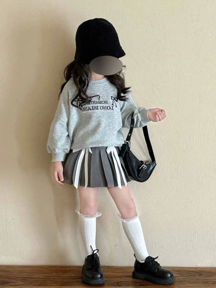 Hnq-Girls' Suit Autumn New Long-Sleeved Letter Sweater+Pleated Skirt2Set Children One Piece Dropshipping