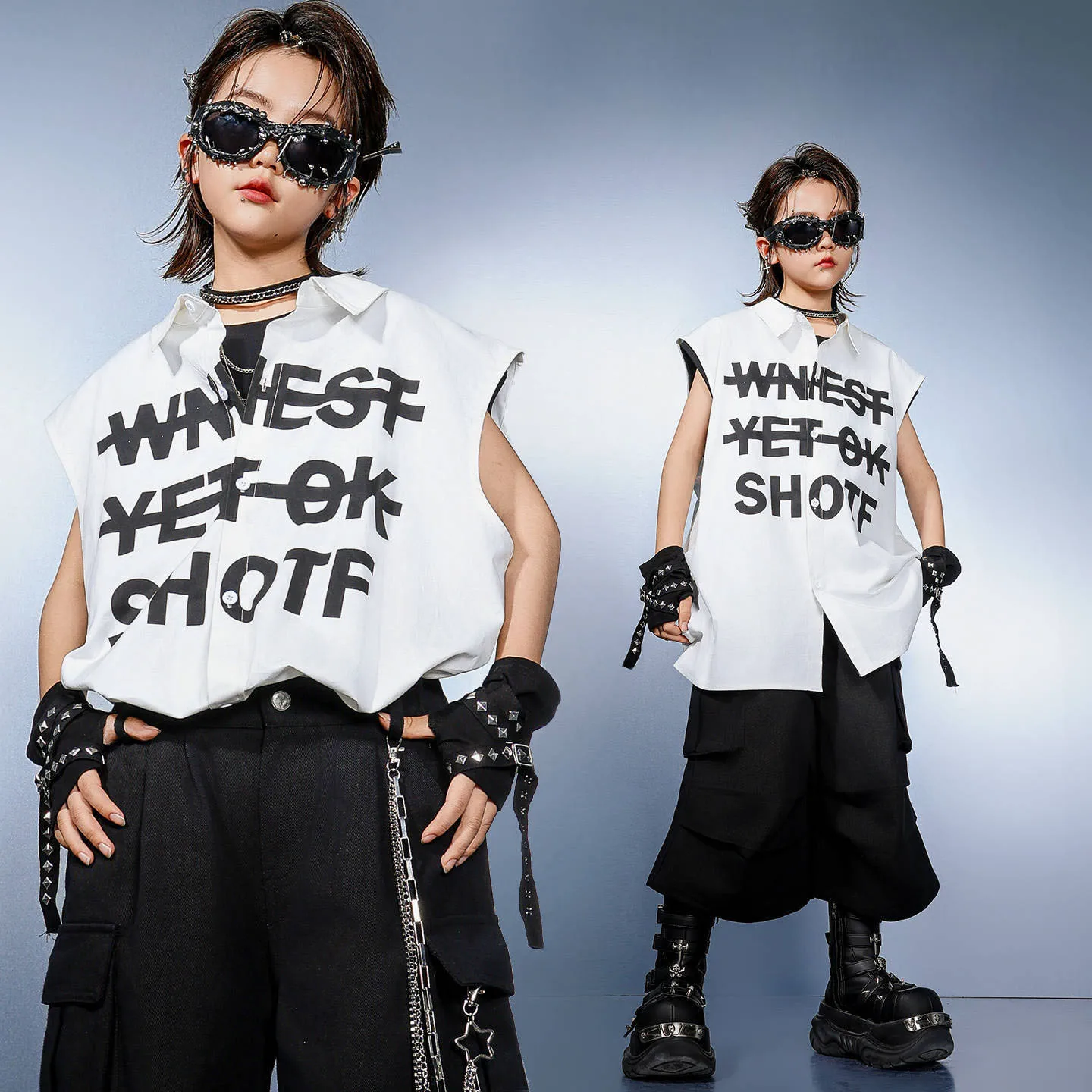 

Kid Kpop Hip Hop Clothing White Sleeveless Shirt Lapel Tank Black Cargo Shorts Middle Pants for Girl Boy Dance Costumes Clothes