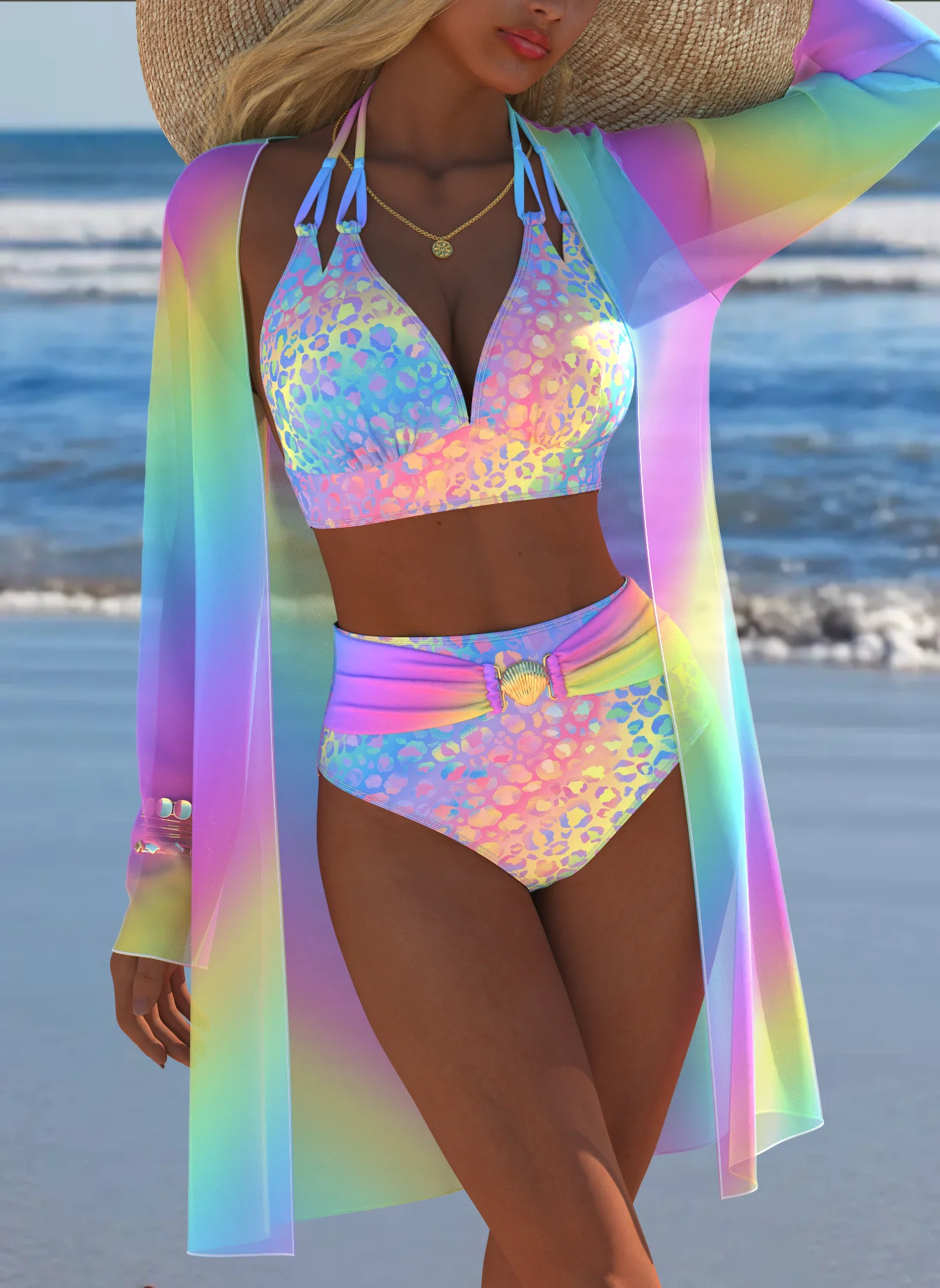 

Женские купальники, комплект бикини из 3 предметов, бикини с накидкой, бикини с леопардовым принтом, градиентное бикини, бикини-шорты с высокой талией