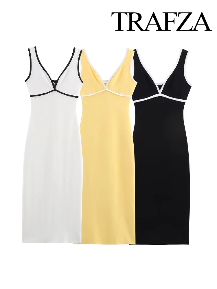 

HH Woman Summer New Fashion V-Neck Contrast Decoration Sleeveless Midi Dress Female Elegant Sexy Backless Knitted Long Dress