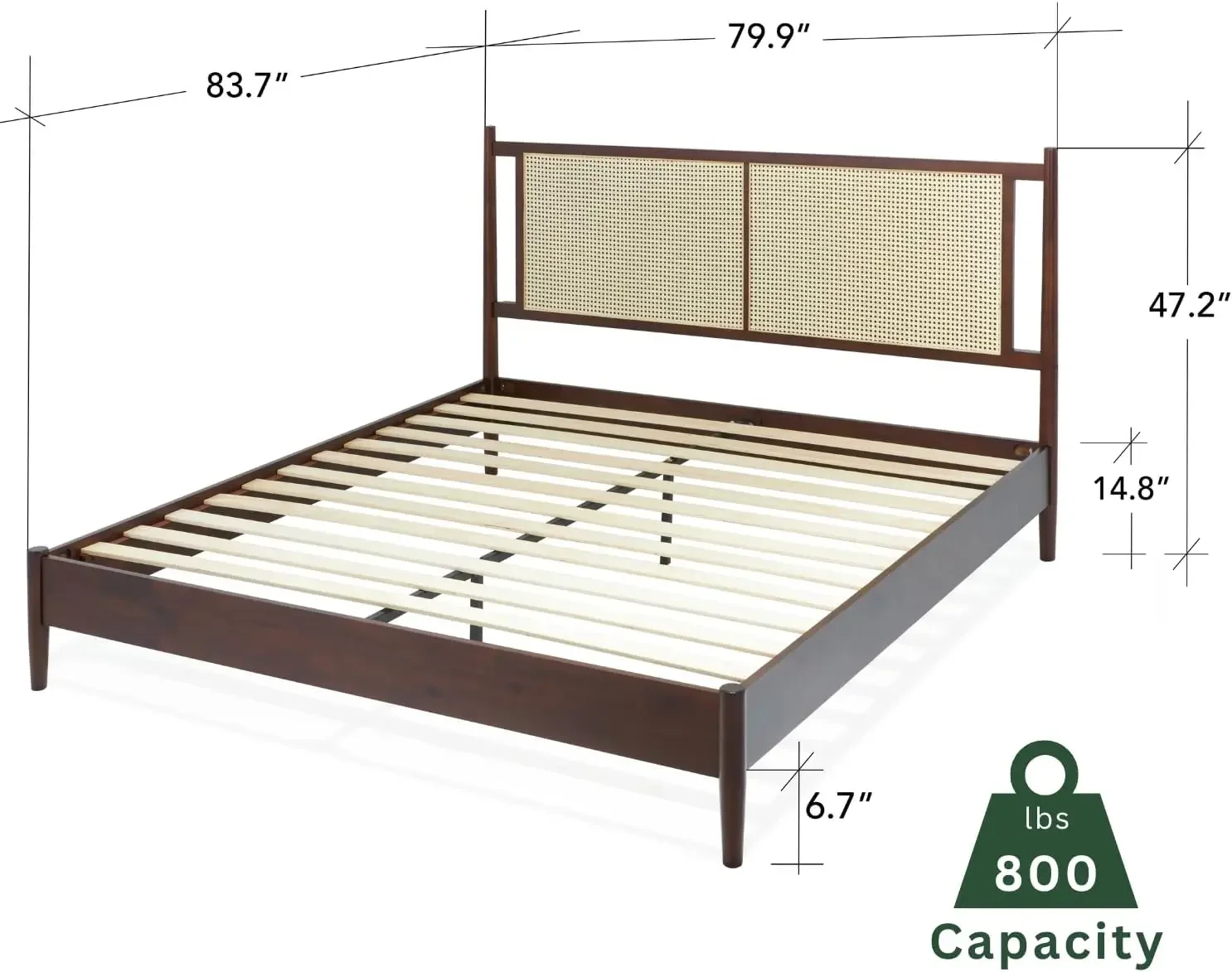 Estrutura de cama exclusiva Bme Oliver de 15 polegadas com cabeceira de vime - estilo boêmio e meados do século - sem necessidade de molas - 12 rodas fortes