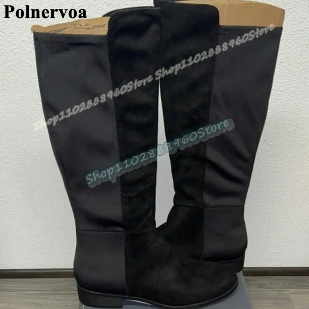 

Casual Knee High Black Patchwork Boots Flats Shoes For Women Side Zipper Round Toe Trending Party Fashionable Zapatos Para Mujer
