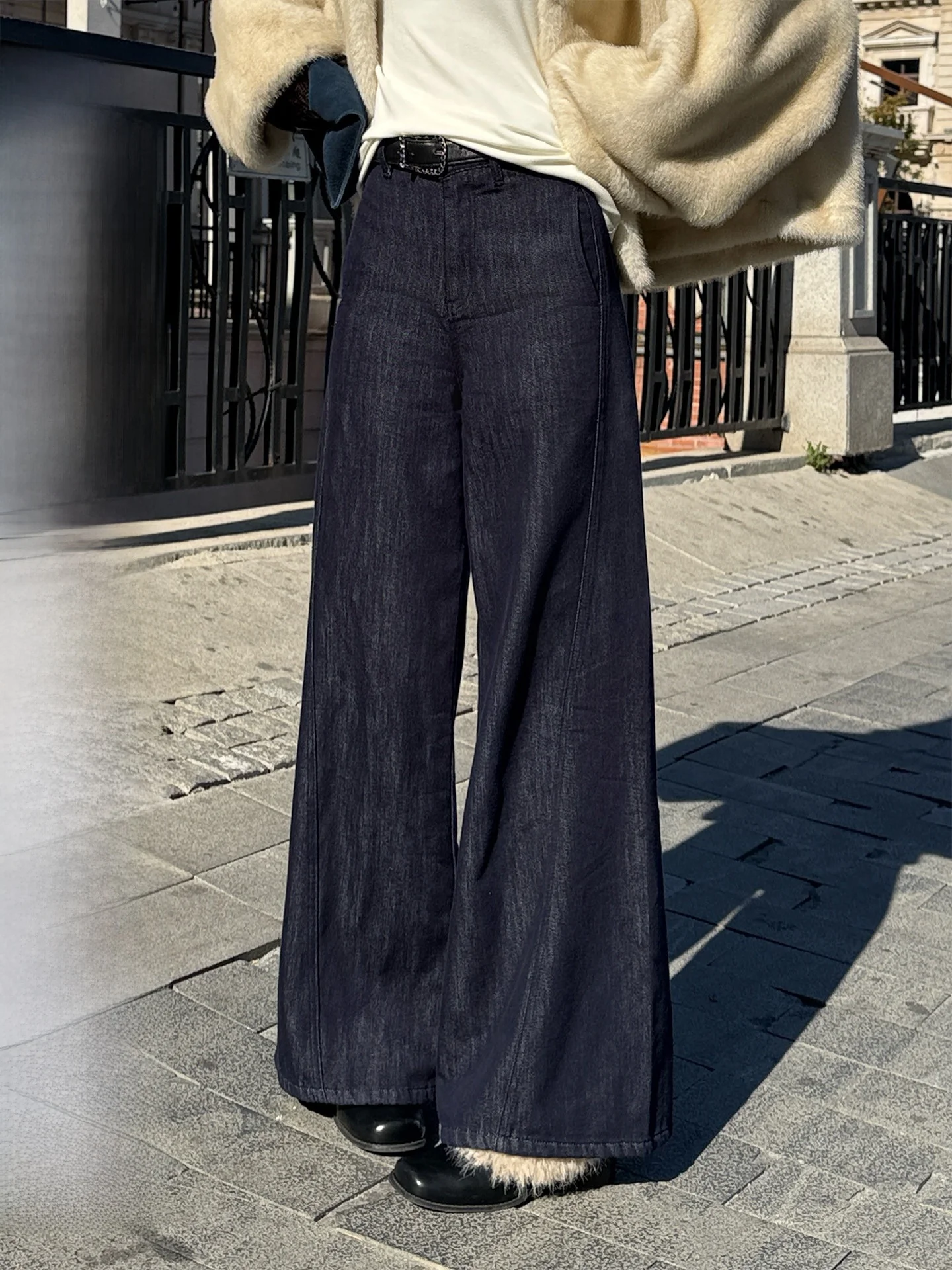 

Джинсы женские с высокой талией, широкие штанины, осенне-зимние, винтажные, из шелковистой ткани, свободного кроя, в пол, на подкладке