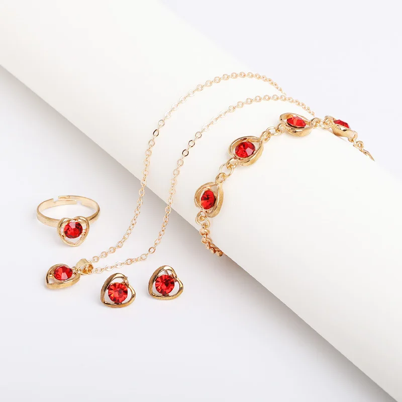 5pcs/Set Women Crystal Love Jewelry Fashionable Elegant High End Peach Heart Necklace Earrings Rings Bracelets Necklace