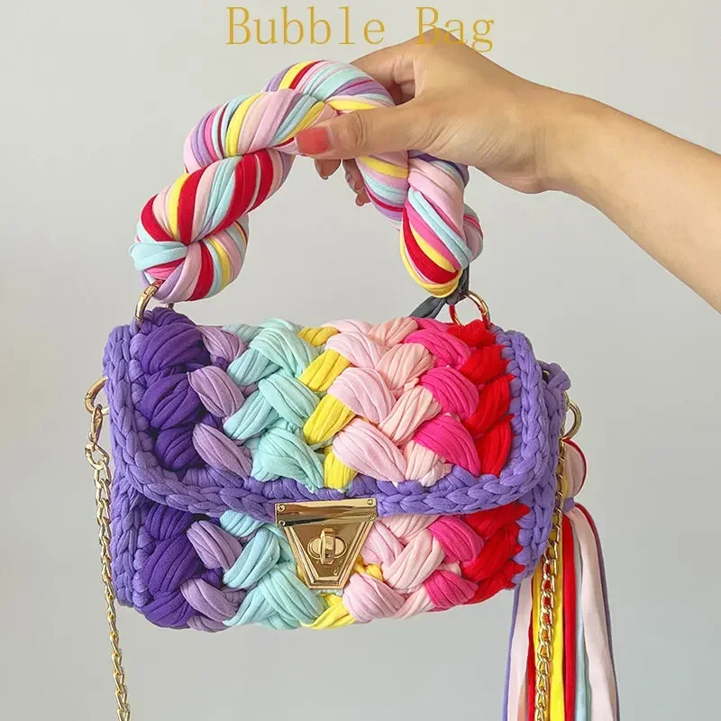 

Fashion Colorful Crochet Women Handbags Tassel Thick Rope Woven Shoulder Crossbody Bags Knitted Small Flap Female Purses 2023