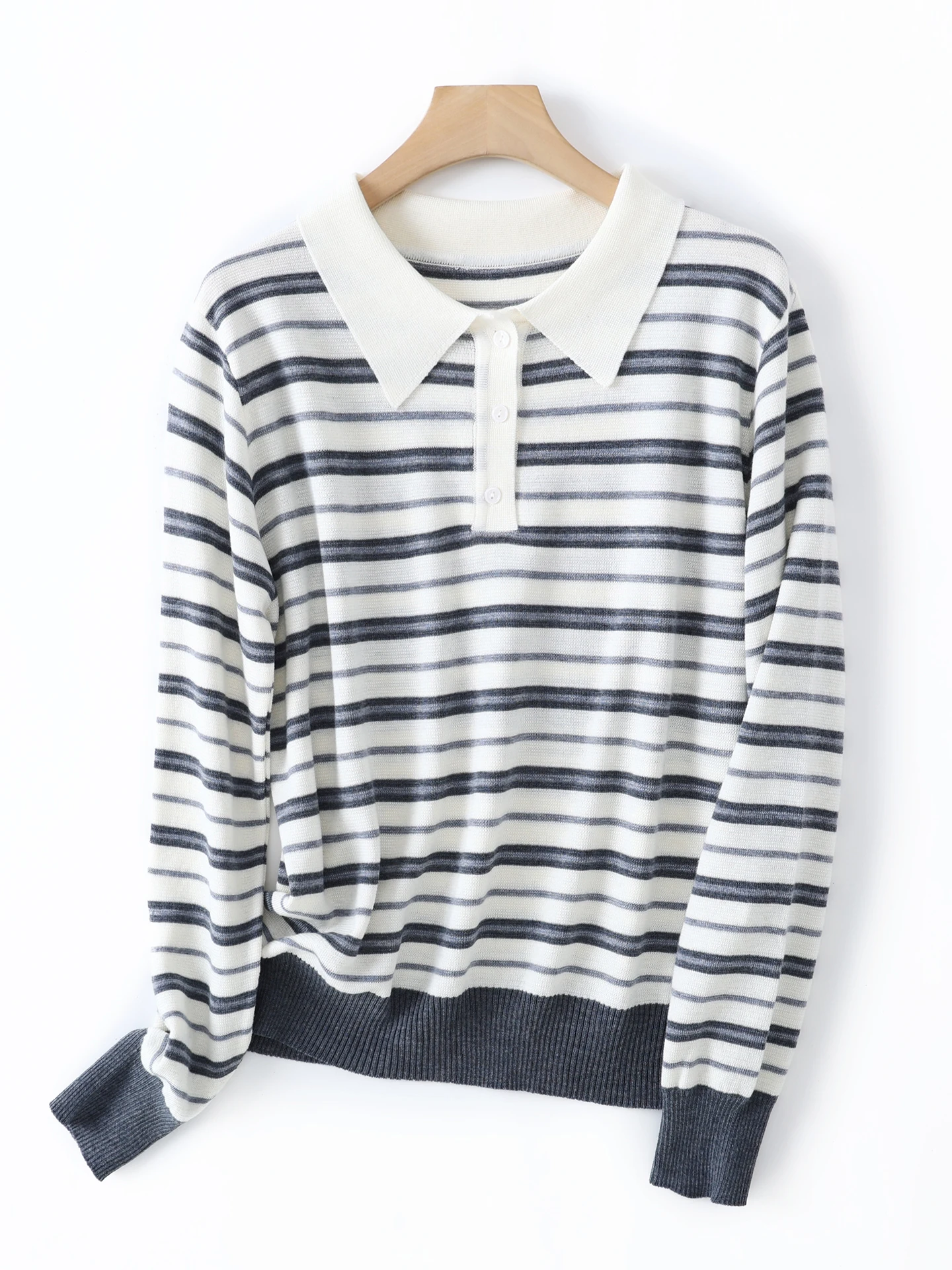 Elegant Fashion Women's T-Shirts Blend Wool Knitwear Spring Autumn Pullover Polo Blouse Striped Sweater Long Sleeve Clothes Tops view 4