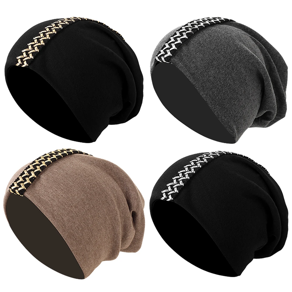 

Elegant Women Cotton Soft Comfortable Beanies Casual Novelty Slouchy Zipper Stripe Hats Autumn Solid Color Skullies Cap Bonnet