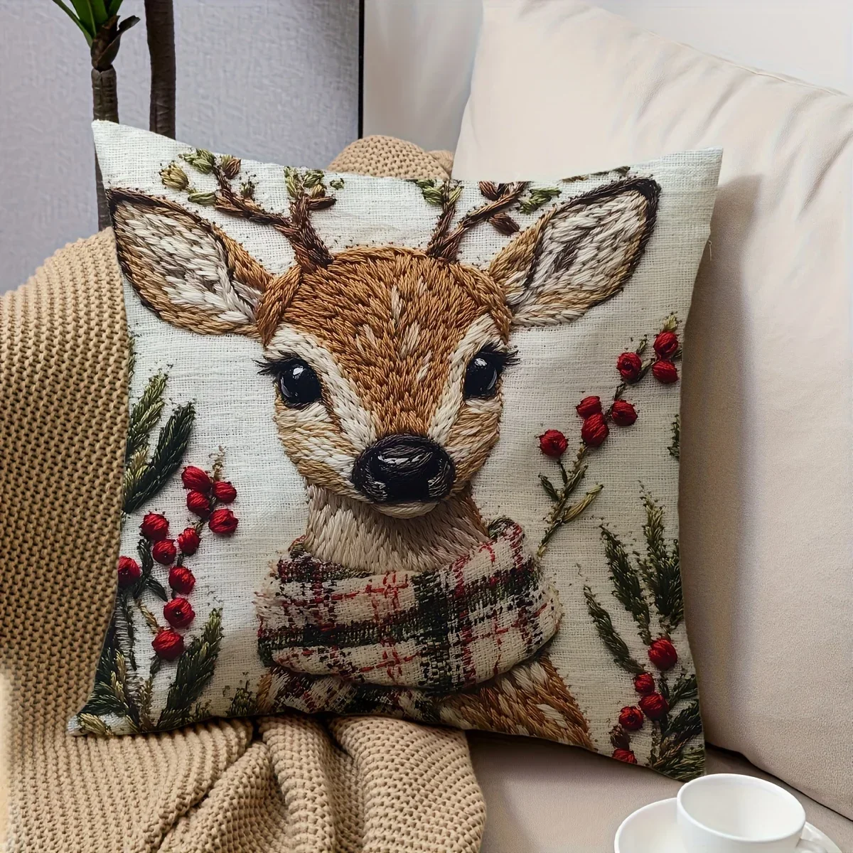 Charming Christmas Reindeer 18x18 Inch Throw Pillow Cover - Soft Short Plush with Zipper Closure for Bedroom & Living Room Decor