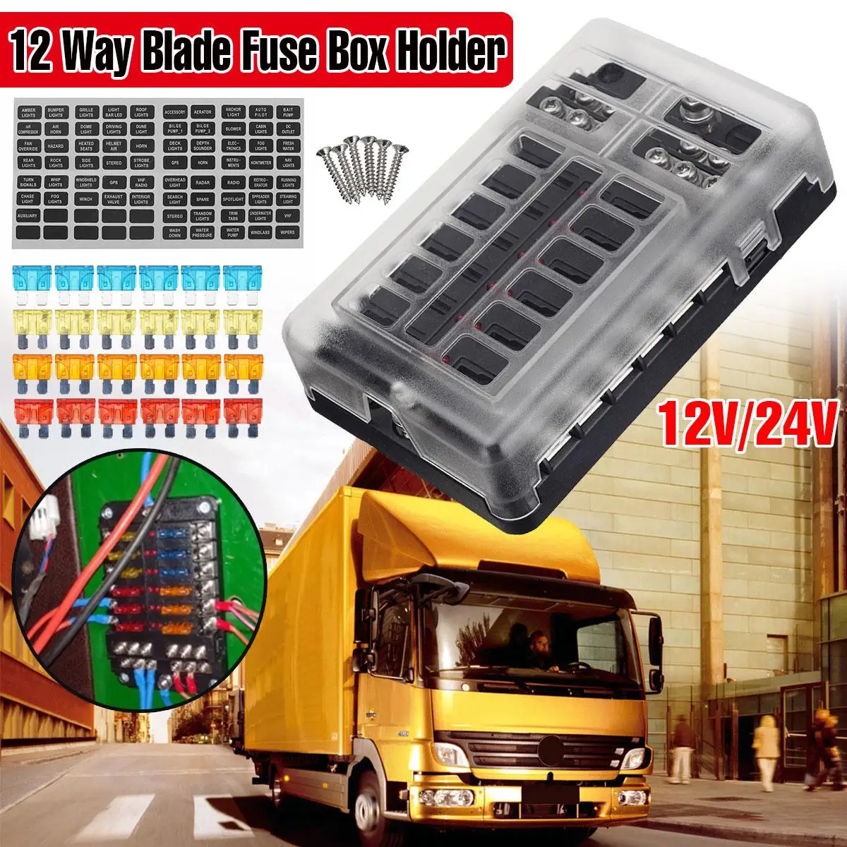 Car Boat Fuse Box Holder With 12 Way Blade Fuse Holder Block & Warning Indicator 12V~24V Power Distribution Panel Board