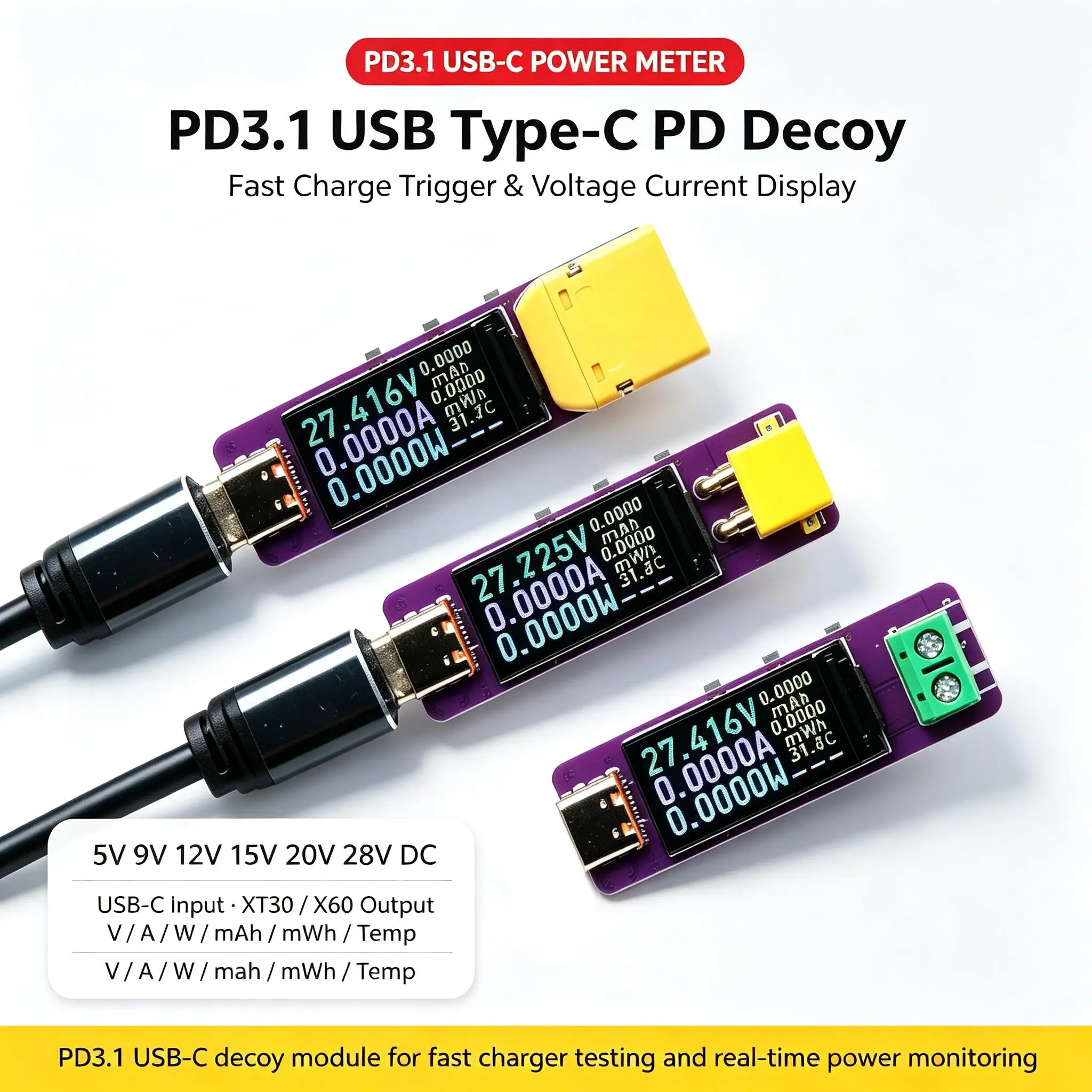 DYKB PD3.1 Decoy Voltage Trigger USB Type-C Current Voltage Power Display Meter 5V 9V 12V 15V 20V 28V DC Fast Charger XT30 XT60