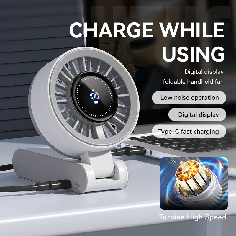 مروحة شاشة ديجيتال عالية السرعة محمولة باليد مروحة صغيرة رائعة صغيرة محمولة من النوع C شحن سطح المكتب قابلة للطي 100 مستوى مروحة معلقة للرقبة