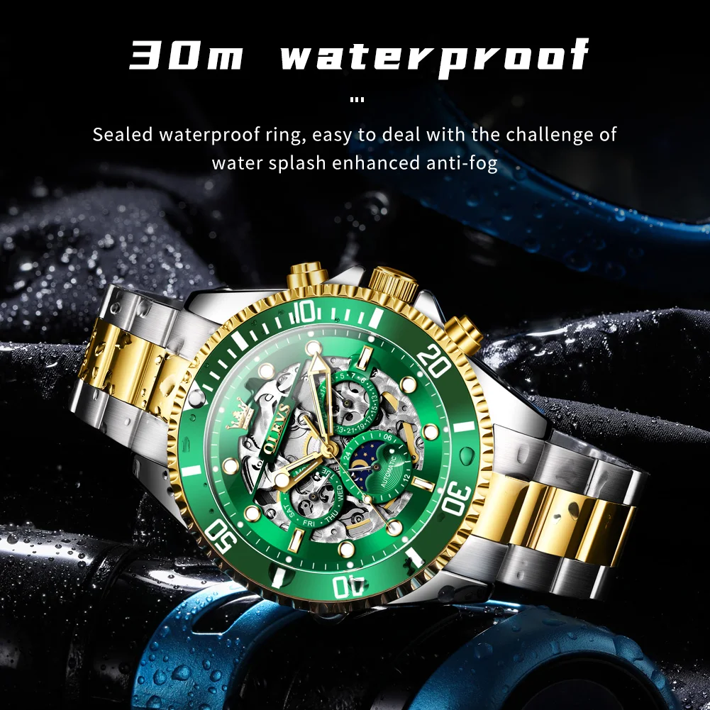 OLEVS 6715 Men's Watch Hollow Date Automatic Mechanical Watch For Men 43mm Big Dial Moon Phase Fashion Waterproof Man Wristwatch