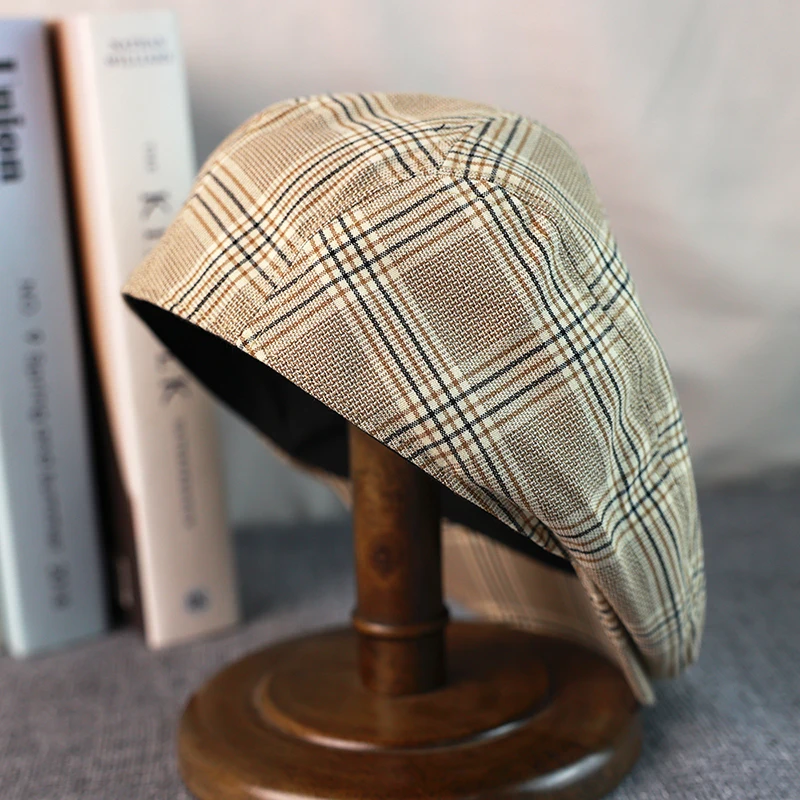 Spring Summer Linen Newsboy Cap New Beige Plaid Breathable Beret Men\'s Women\'s Literary Retro Hat England Hats Male Hats A-36