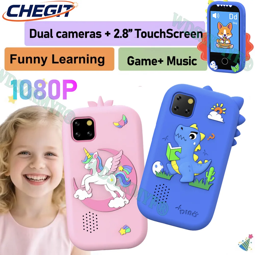 Giocattolo per smartphone per bambini con touchscreen Doppia fotocamera Registrazione video Lettore musicale 18 giochi Telefono per bambini Regali di compleanno