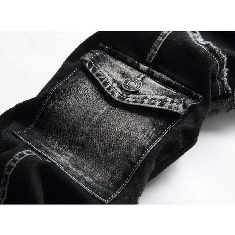 

Men's Slim Straight Motorcycle Jeans Faionable Youthful Sle Fce Lined Special Wide Edition V-Ne ort Sve