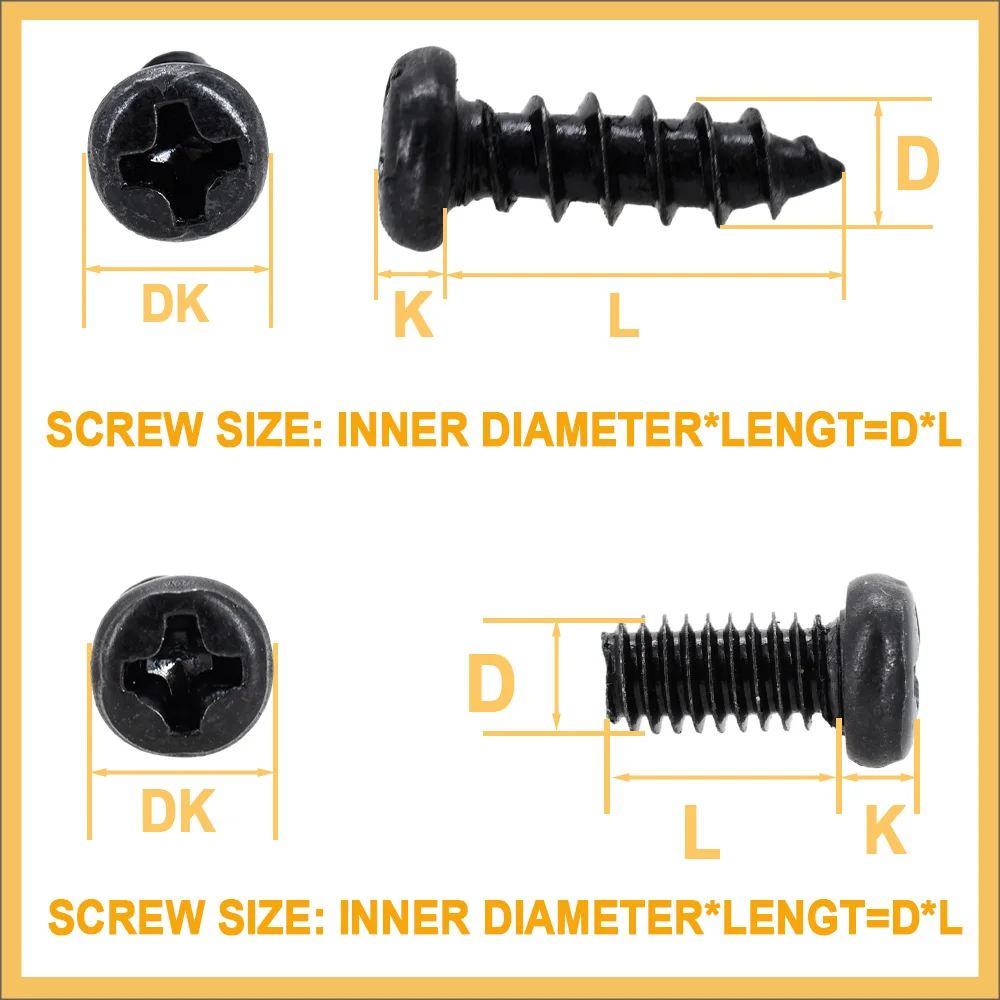 M1-M4 Phillips Round Head Self-tapping Screw Set Black Carbon Steel Plated Round Pan Head Tapping Fastener Screws Assortment Kit