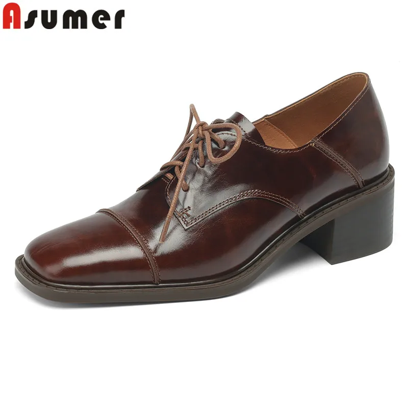 

ASUMER 2024 New Basic Genuine Leather Shoes Women Pumps Lace Up Square High Heels Retro Handmade Ladies Office Dress Shoes