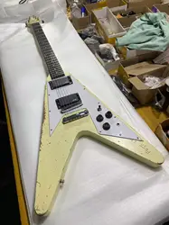 Relic Fly-V Style Electric Guitar,Mahogany Body,Cream Color, Rosewood Fingerboard,Tune-O-Matic Bridge,Signed Version, replica