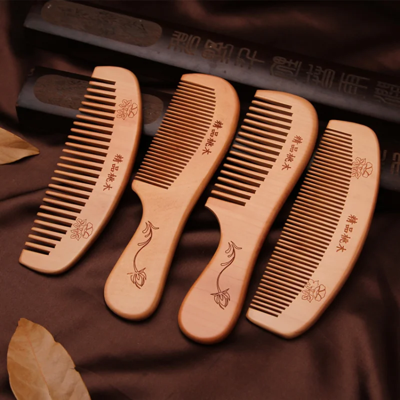 Peine de pelo de madera de melocotón Natural, dientes cerrados, masaje de cabeza antiestático, cuidado del cabello, cepillos de madera para niños, peines para el cuidado del cabello de bebé