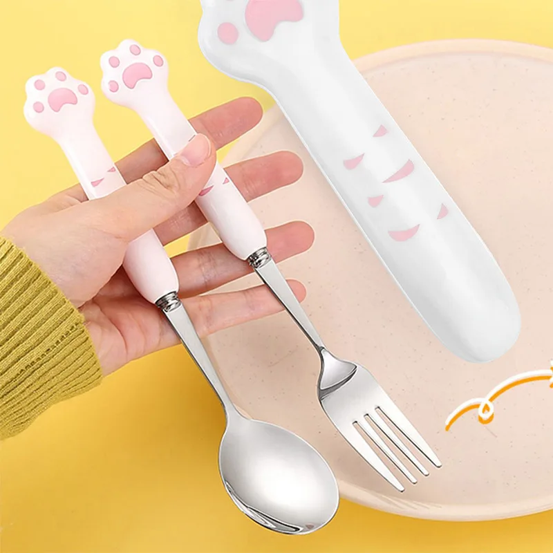 

Cute Cat Paw Cutlery Set Stainless Steel Fork Spoon Set with Storage Box Portable Tableware Dinnerware for Adults Kids School